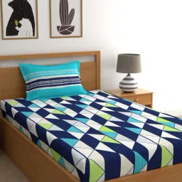 Home Ecstasy 140TC 100% Cotton Geometric Navy Blue Single Bedsheet with 1 Pillow Cover-picture-17