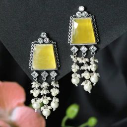 Aatmana Silver Toned White & Yellow Stone & AD studded Contemporary Drop Earrings for Women-picture-23