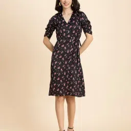 Moomaya Black & Pink Floral Print Wrap Dress-image-64