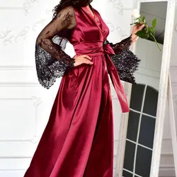 dailnight Long babydoll nightdress for woman set of Honeymoon nightwear eyelace gown (IN, Alpha, M, Plus, MAROON) image 4