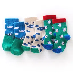 Cute Walk  By Babyhug Anti-Bacterial Ankle Length Socks Cow Design Pack Of 3- Green & White-image-41
