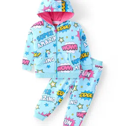 Babyhug Terry Knit Full Sleeves Text PrintedHooded Sweatjacket & Joggers Set with Kangaroo Pockets - Light Blue-picture-13