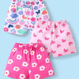 Babyhug Cotton Knit Mid Thigh Length Shorts with Tropical Theme Print & Bow Applique Pack of 3 - Pink & White image 1