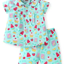 Babyhug Cotton Knit Half Sleeves Peter Pan Collared Shorts Co-ords Night Suit with Fruits Print - Aqua Blue image 1