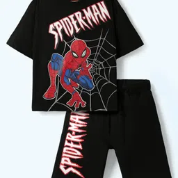Pine Kids Marvel Single Jersey Knit Half Drop Shoulder Sleeves T-Shirt & Shorts Set With Spider-Man Graphics - Black-picture-27