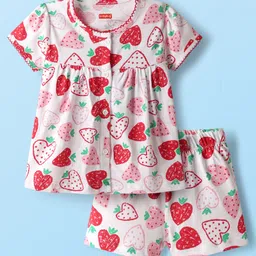 Babyhug Cotton Knit Half Sleeves Co-ords Shorts Night Suit with Heart Print - White-image-86