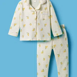 ToffyHouse Knitted Full Sleeves Co-ords Night Suit With Floral Print - White-picture-10