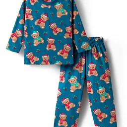 Babyhug Cotton Knit Full Sleeves Co-ord Night Suit With Teddy Bear Print - Blue-picture-25