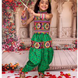 KID1 Cotton Woven Navratri Theme Sleeveless Ethnic Embroidered Mirror Work Embellished Crop Top & Bandhani Designed Dhoti With Cap Set - Green-picture-9