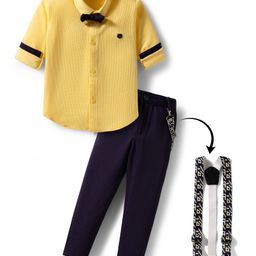 Rikidoos Full Sleeves Textured Shirt & Pant With Suspender & Bow Set - Yellow & Navy Blue-picture-30