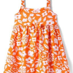 Babyhug Single Jersey Knit Sleeveless Frock With Bloomer with Floral Print & Bow Applique - Orange & White image 2