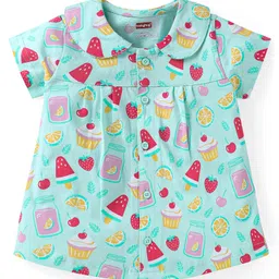 Babyhug Cotton Knit Half Sleeves Peter Pan Collared Shorts Co-ords Night Suit with Fruits Print - Aqua Blue image 2