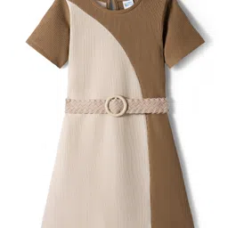 Hola Bonita Knit Half Sleeves Texture Cut & Sew Dress with Belt - Tan & Beige image 2