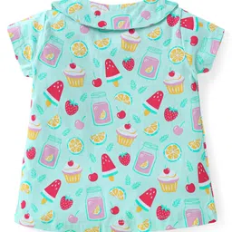 Babyhug Cotton Knit Half Sleeves Peter Pan Collared Shorts Co-ords Night Suit with Fruits Print - Aqua Blue image 3
