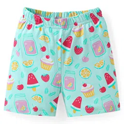 Babyhug Cotton Knit Half Sleeves Peter Pan Collared Shorts Co-ords Night Suit with Fruits Print - Aqua Blue image 4