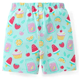 Babyhug Cotton Knit Half Sleeves Peter Pan Collared Shorts Co-ords Night Suit with Fruits Print - Aqua Blue image 5
