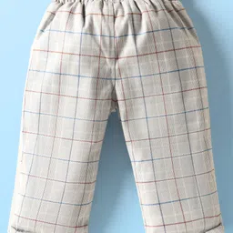 Ollypop Cotton Knit Full Sleeves T-Shirt & Checked Pant Set with Teddy Print - Navy Blue & Offwhite image 5