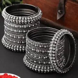 Zeneme Silver Plated Black Tone CZ Stone Studded Broad Bangles for Women Set of 28-image-30