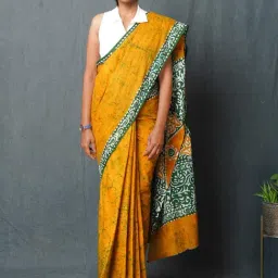 Unnati Silks Yellow & Green Cotton Printed Saree With Unstitched Blouse-picture-21