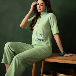 Sangria Shirt Collar Embroidered Pure Cotton Shirt & Trouser-picture-28