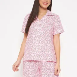 Clovia Pink Cotton Printed Shirt Shorts Set-image-73