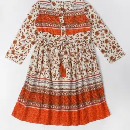 Bella Moda Kids Orange & White Floral Print Full Sleeves Fit & Flare Dress-image-11