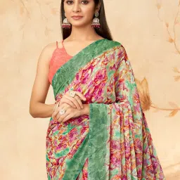 Saree Mall Green Georgette Self Saree with Blouse Piece image 3