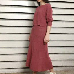 High Star Maroon Cotton Self Design Top With Skirt image 3