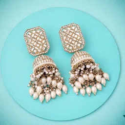 Lyriss Gold-Plated Artificial Stones Studded And Beaded Dome Shaped Drop Earrings-picture-46