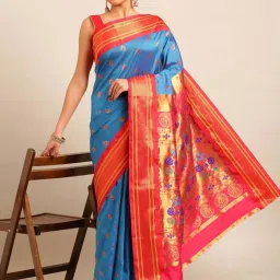 Varkala Silk Sarees Turquoise & Red Woven Saree With Unstitched Blouse image 3