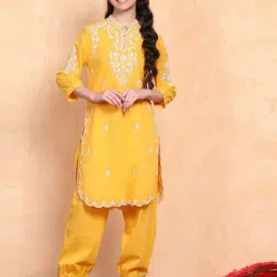 Biba Yellow Cotton Regular Fit Embroidered Kurta Set-image-21