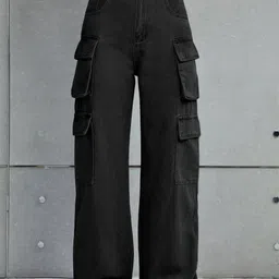 Glossia Nova Women Comfort Wide Leg High-Rise Acid Wash Stretchable Cargo Jeans-picture-24