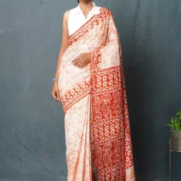 Unnati Silks White & Orange Cotton Printed Saree With Unstitched Blouse-picture-18