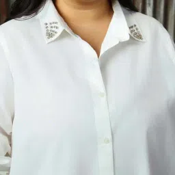 High Star Plus Size White Cotton Embellished Oversized Shirt image 5