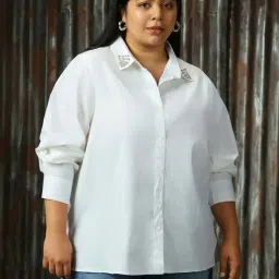 High Star Plus Size White Cotton Embellished Oversized Shirt image 3