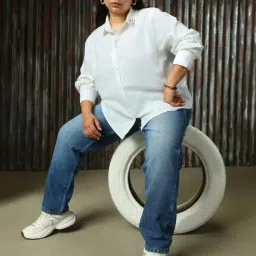 High Star Plus Size White Cotton Embellished Oversized Shirt image 4