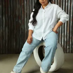 High Star Plus Size White Cotton Embellished Oversized Shirt image 4