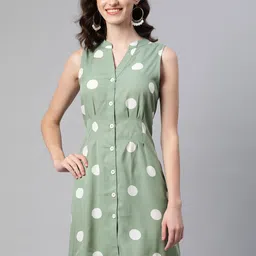 VARUSHKA Women Green & White Polka Dot Printed Crepe Shirt Dress-picture-37