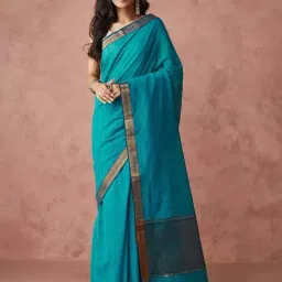 Fabindia Turquoise Cotton Woven Sari-image-82