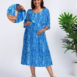 Bella Mama Three Fourth Sleeves Maternity Nursing Frock - Sky & Dark Blue-picture-20