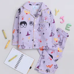 Knitting Doodles Premium Cotton Full Sleeves Potter Themed Printed Coordinating Night Suit - Purple-picture-22