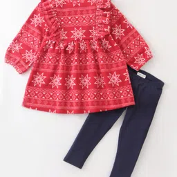 CrayonFlakes Polar Fleece Full Sleeves Jacquard Bands Designed Frill Detailed & Bow Embellished Dress With Leggings - Red-picture-14