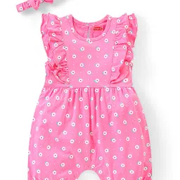 Babyhug 100% Cotton Knit Frill Sleeves Floral Print Romper with Headband - Pink-image-49