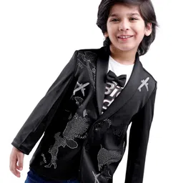Babyhug Woven Half Sleeves Text Printed T-Shirt & Full Sleeves Blazer With Bow Applique & Glitter Print - Black-picture-16