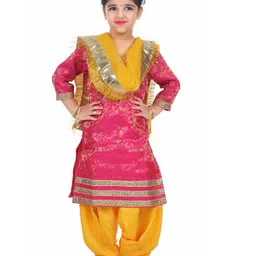 Itsmycostume Cotton Blend Full Sleeves Lace Embellished & Ethnic Foil Printed Punjabi Theme Costume Set - Red & Yellow-picture-26