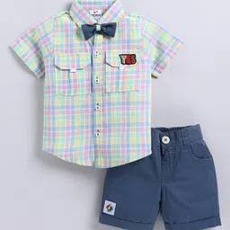 LITTLE COLLARS Pure Cotton Half Sleeves Checked Shirt With Patch Detailed Shorts & Bow Set - Blue-picture-23