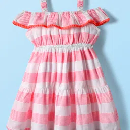 Babyhug Rayon Woven Cold Shoulder Sleeves Striped Frock - Pink & White-picture-20