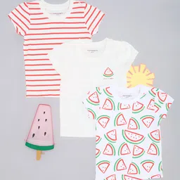 Pantaloons Baby Cotton Knit Pack Of 3 Half Sleeves Striped & Watermelon Printed Tee - Red & Multi Colour-picture-30