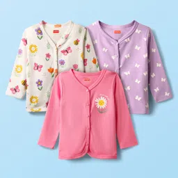 Babyhug 100% Cotton Interlock Knit Full Sleeves Antibacterial Front Open Jhablas with Floral & Butterfly Print Pack of 3 - Lilac White & Pink-picture-11