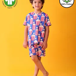 Anthrilo 100% Cotton Knit Half Sleeves Popcorn Printed Coordinating Night Suit Set - Blue-picture-18